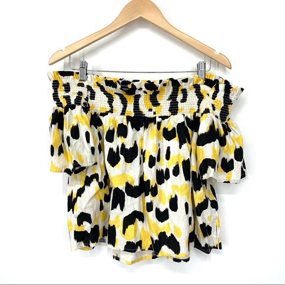 Who What Wear Linen Graphic Cat Smocked Off The Shoulder Short Sleeve Blouse Nwt - Picture 2 of 16